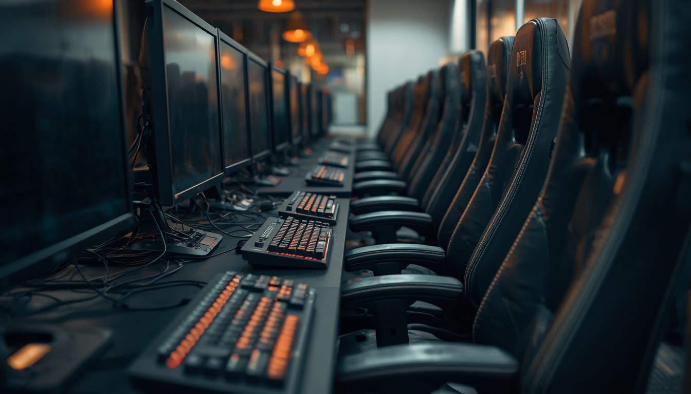 Eye-level view down a long row of dark gaming stations and empty racing-style chairs, monitors and keyboards lined up under warm overhead lights